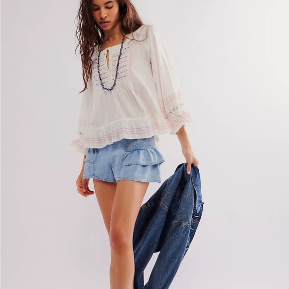 Free People Ready For You Blouse White Billowy relaxed fit embroidered Sz S NEW - Picture 3 of 13